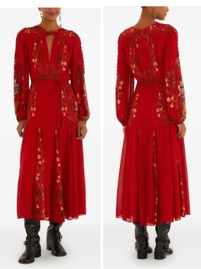 FARM Rio floral-embroidered Red Berry Garden Long Sleeve Pleated Maxi Dress L